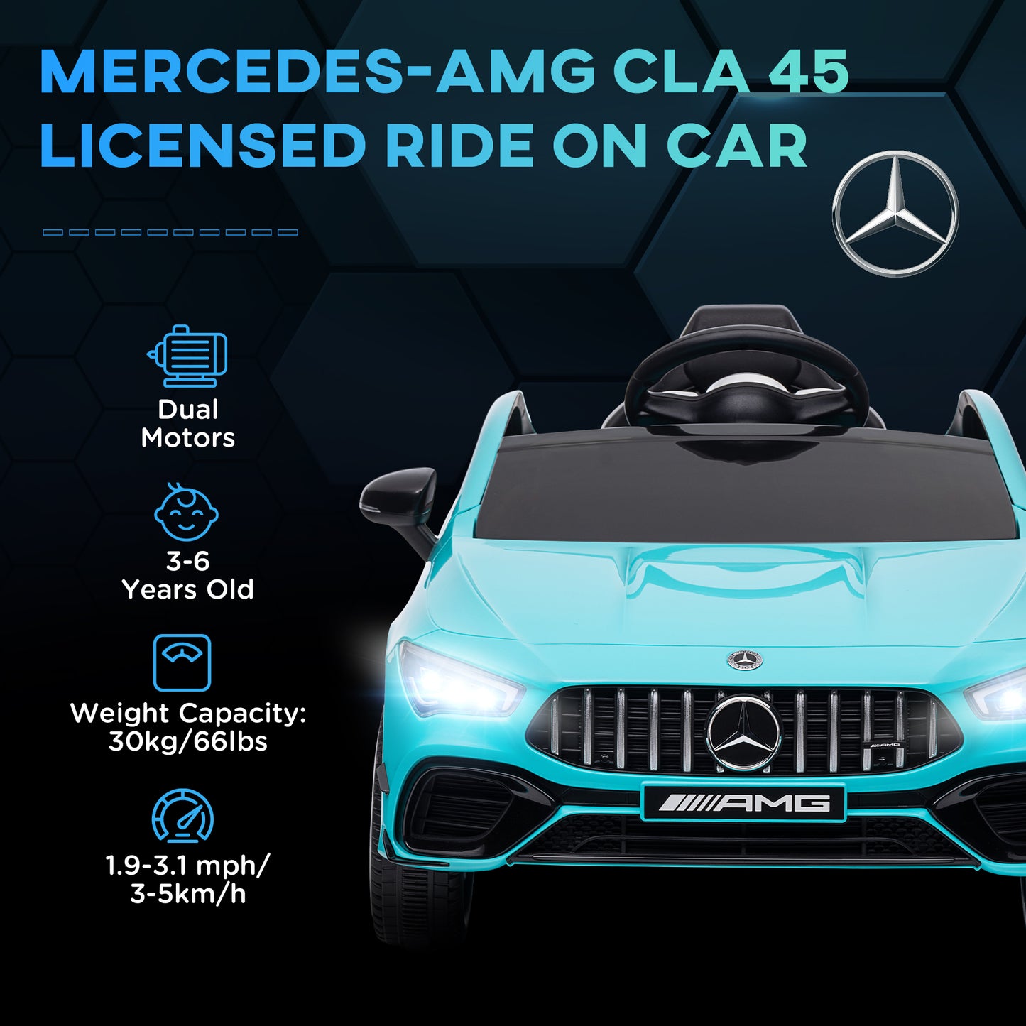 Mercedes-AMG CLA 45 Licensed 12V Kids Electric Car Ride on Car w/ Remote, Suspension Lights Music Horn - Light Blue / White / Yellow