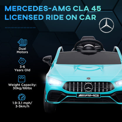 Mercedes-AMG CLA 45 Licensed 12V Kids Electric Car Ride on Car w/ Remote, Suspension Lights Music Horn - Light Blue / White / Yellow