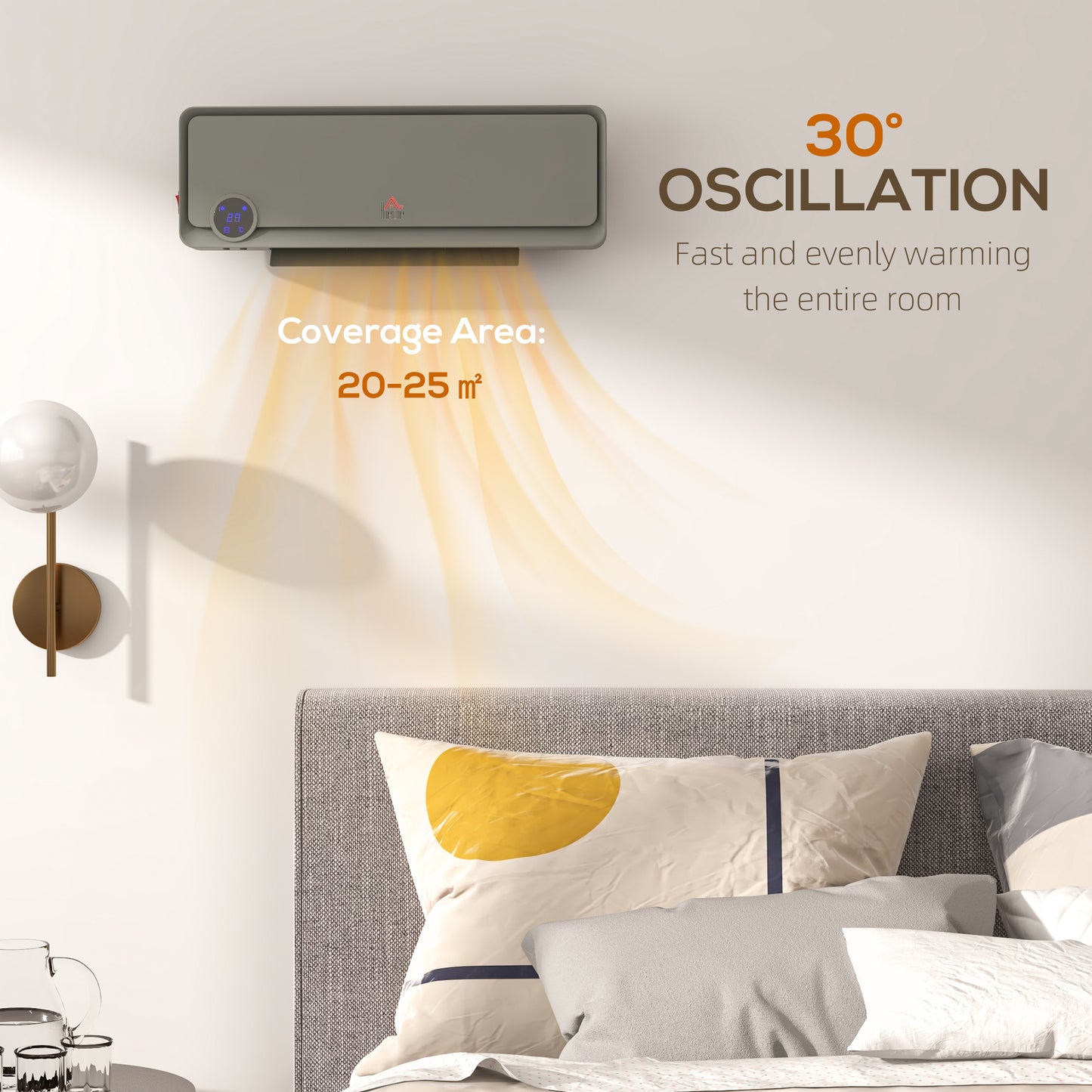 Wall Downflow Heater 2 Heat and Fan 1000W/2000W, Electric Space Heater with Timer Remote Oscillating, for Bedroom Home Office, Grey