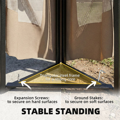 3.3x3.3m Permanent Garden Gazebo | Double-Tier UPF50+ Roof | Mesh Panels | Integrated Corner Shelves | Ceiling Hook | Triangular Powder-Coated Posts | Expansion Screws | Ground Stakes | Khaki