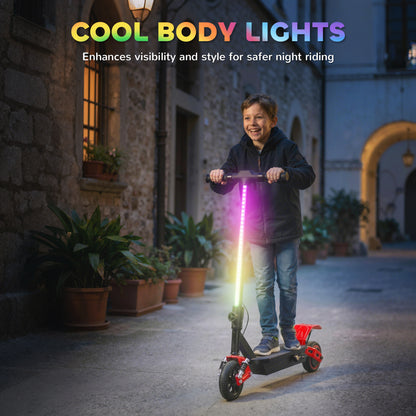 Kids Electric Scooter – 200W Motor, 15km/h, 6km Range, Dual Suspension, LCD Display, LED Lights, Foldable, Ages 6–14 – Red