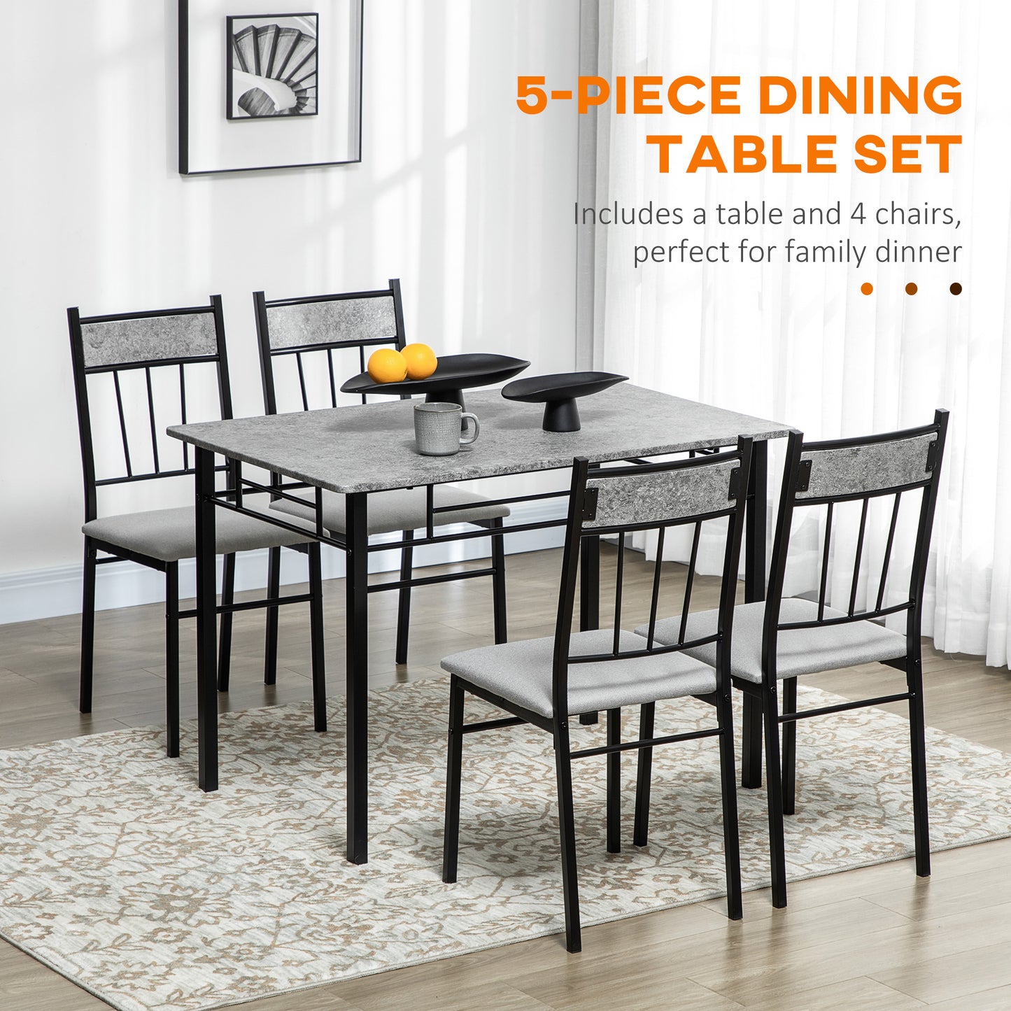 5 Pieces Dining Room Sets, Modern Dining Table and Chairs Set 4 with Marble Effect Tabletop, Padded Kitchen Chairs and Metal Frame, Light Grey