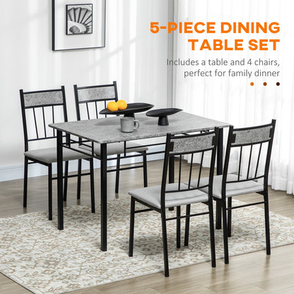 5 Pieces Dining Room Sets, Modern Dining Table and Chairs Set 4 with Marble Effect Tabletop, Padded Kitchen Chairs and Metal Frame, Light Grey