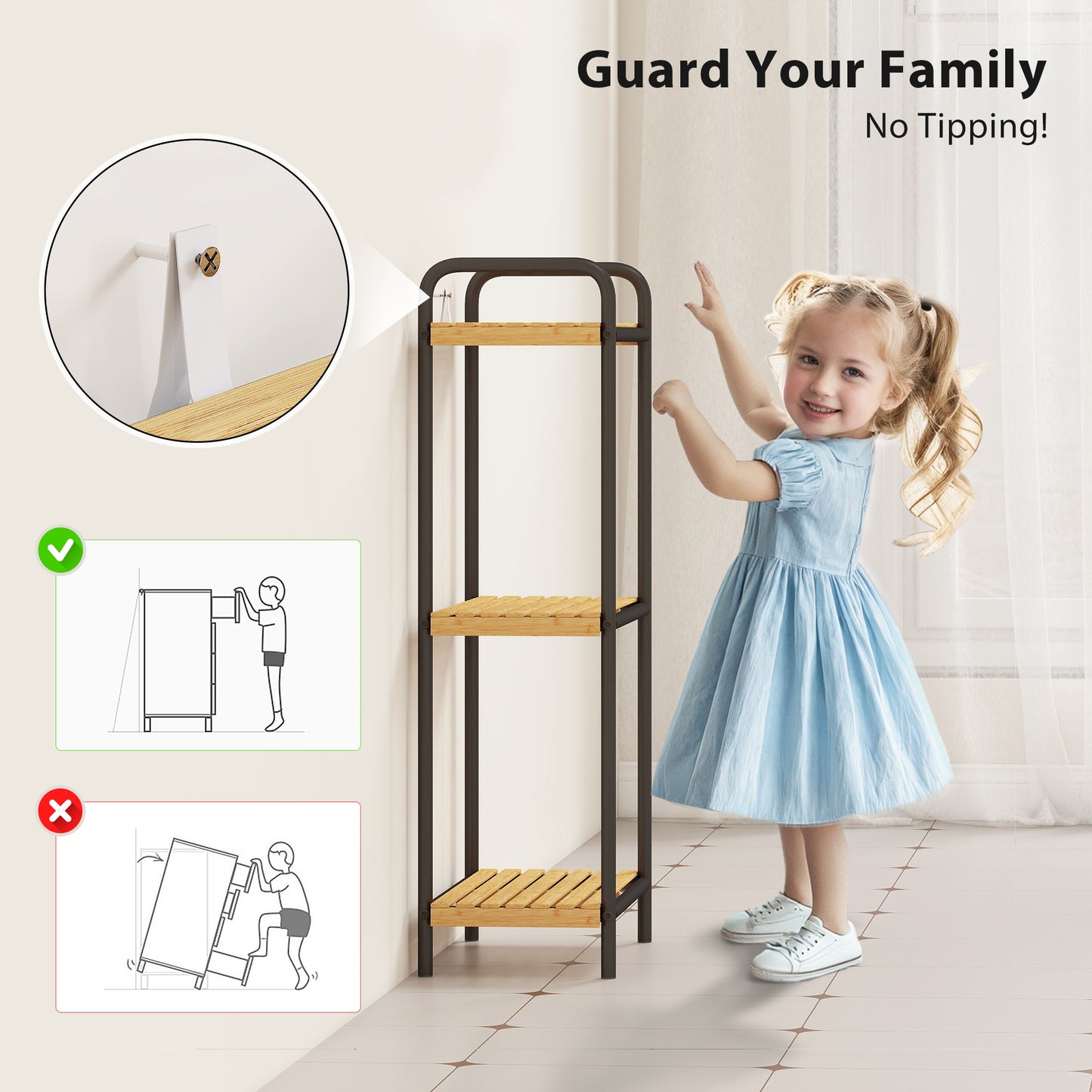 3-Tier Bamboo Bathroom Storage Shelf, Freestanding Narrow Shelving Unit with Slatted Shelves for Kitchen Bathroom Living Room, 41.5 x 21.5 x 77.5 cm, Natural and Black