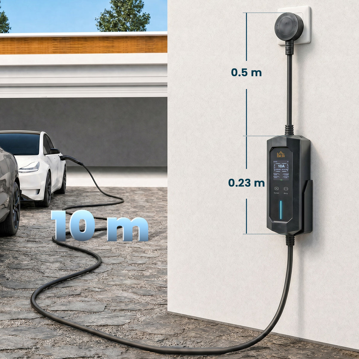 2.8kW Type 2 EV Charger with UK 3-Pin Plug | 10m IP65 TPU Cable | 6-13A Adjustable | LCD Display | 1-12h Delay Timer | ST MCU Chip | CE RoHS | -30°C to +50°C | Black