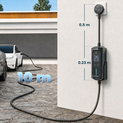 2.8kW Type 2 EV Charger with UK 3-Pin Plug | 10m IP65 TPU Cable | 6-13A Adjustable | LCD Display | 1-12h Delay Timer | ST MCU Chip | CE RoHS | -30°C to +50°C | Black