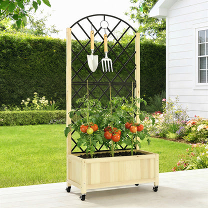 Raised Garden Bed with Metal Trellis | Wooden Elevated Planter Box | 50L Soil Capacity | 4 Wheels 2 Lockable | 30kg Max Load | 72x36x168cm | Natural Wood Finish