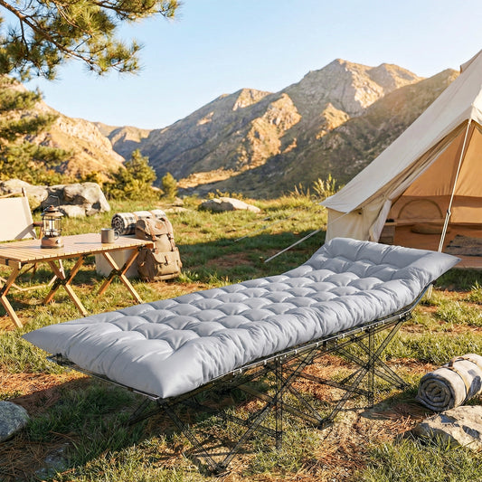 Foldable Camping Sleeping Mat | 8cm PU Foam | 200x80cm | Splash Proof Quilted | Elastic Straps | Flame Retardant | 200kg | Light Grey