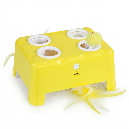 3-in-1 Interactive Cat Toy | Popping Mouse | Spinning Feather | USB-C | 15-Min Auto-Rest | Multi-Cat | Yellow