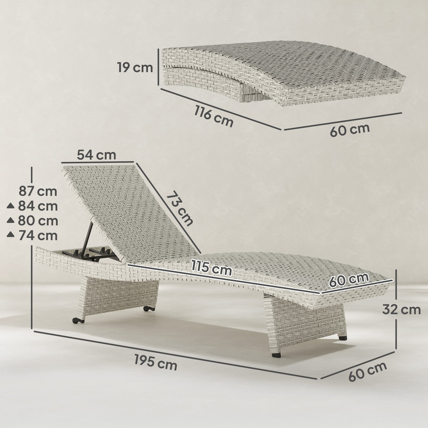 Outdoor PE Rattan Sun Lounger, Folding Wicker Garden Lounger Recliner with 4-Level Adjustable Backrest, Rolling Sunbed Lounge Chair with Wheels