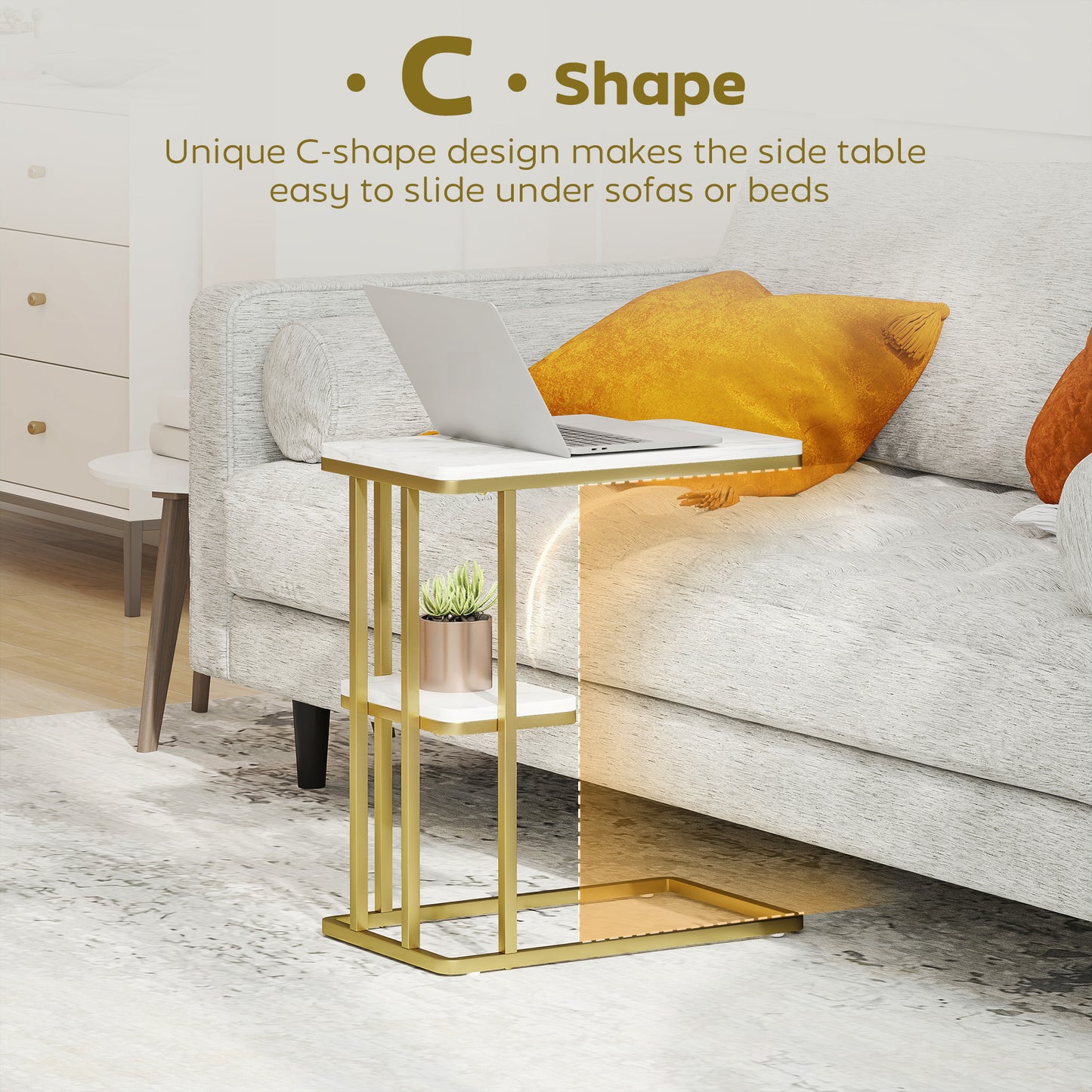 C-Shaped Narrow Side Table, 2-Tier Slim End Table, Nightstand for Small Spaces, Living Room, Bedroom, White Marble Grain