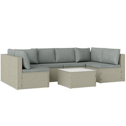 7 Pieces Rattan Garden Furniture Set, 6 Seater Garden Corner Sofa with Wide Seat, Glass Top Table, Sectional Outdoor Furniture Conservatory Set