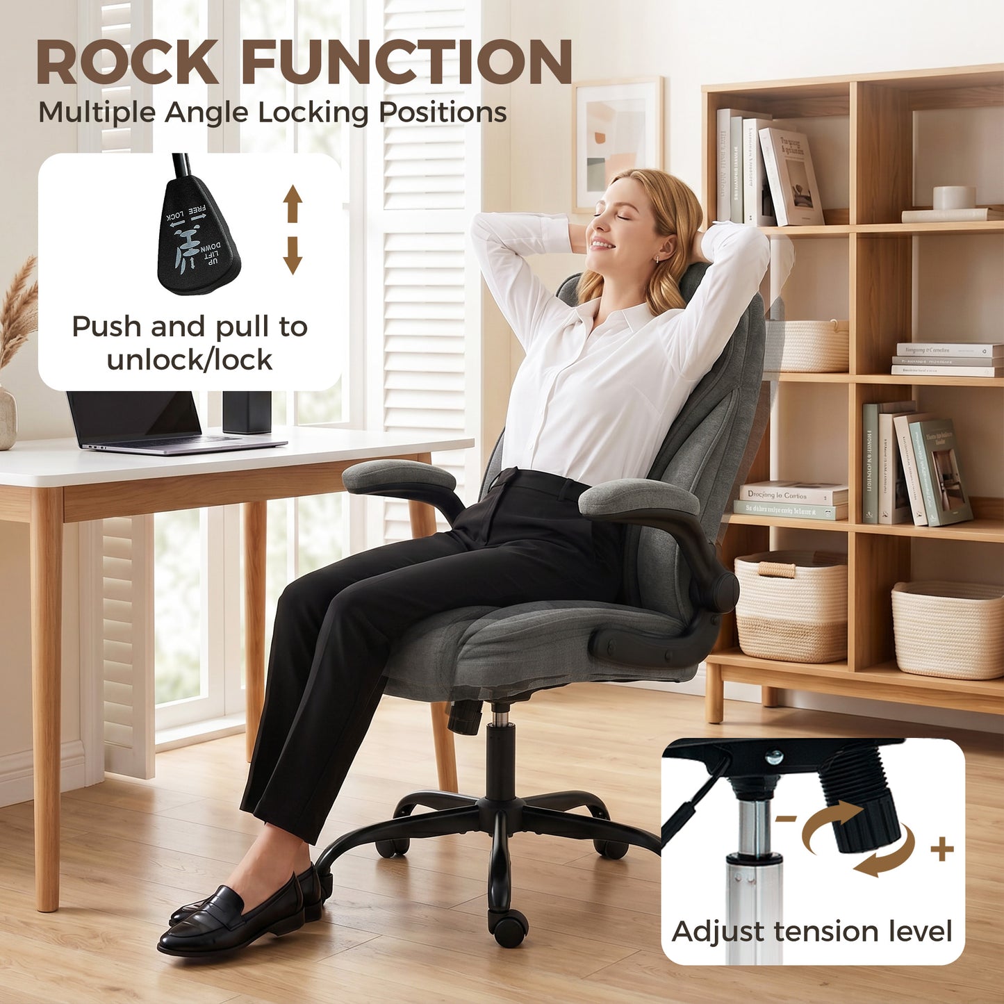Ergonomic Office Chair | Flip-Up Armrests | Pocket Springs | Class 3 Gas Lift | Linen-Look Fabric | Diamond Pattern | Dark Grey / Beige