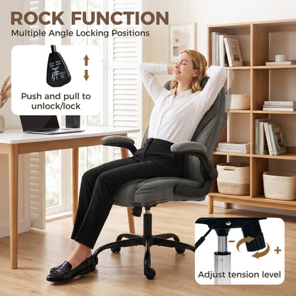 Ergonomic Office Chair | Flip-Up Armrests | Pocket Springs | Class 3 Gas Lift | Linen-Look Fabric | Diamond Pattern | Dark Grey / Beige
