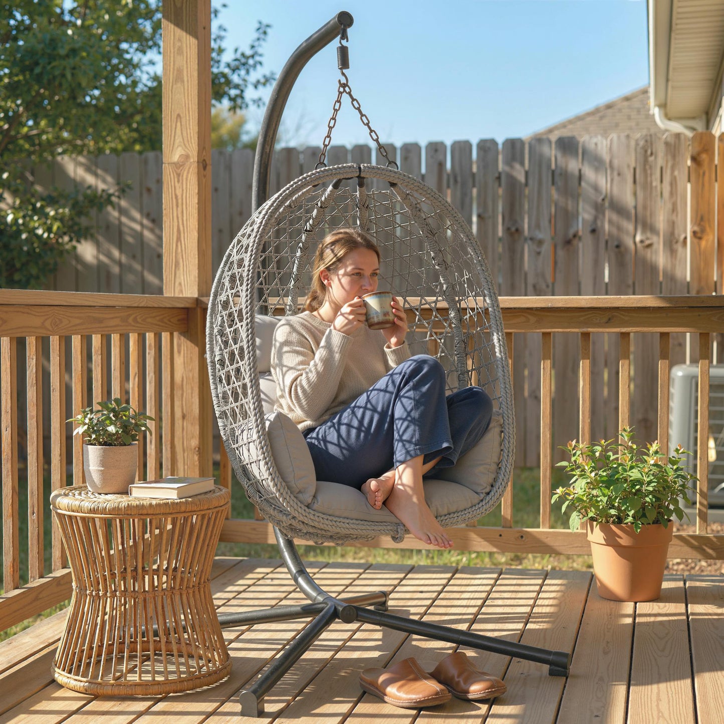 Hanging Egg Chair with Stand | PE Rattan | 15cm Cushion & Headrest | Safety Strap | Foldable Basket | 120kg | Light Grey