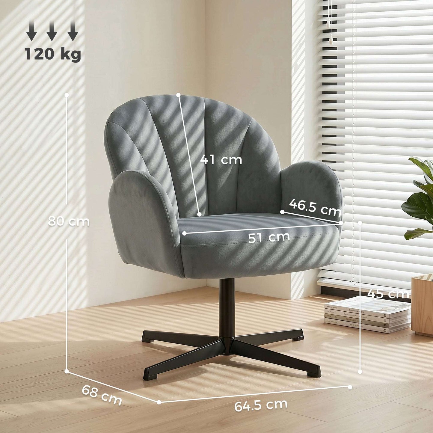 Shell-Shaped Swivel Accent Chair | 360° Swivel | 11cm Spring-Packed Seat | Velvet-Feel Fabric | Metal Base | Plastic Floor Pads | 120kg | 64.5x68x80cm | Grey