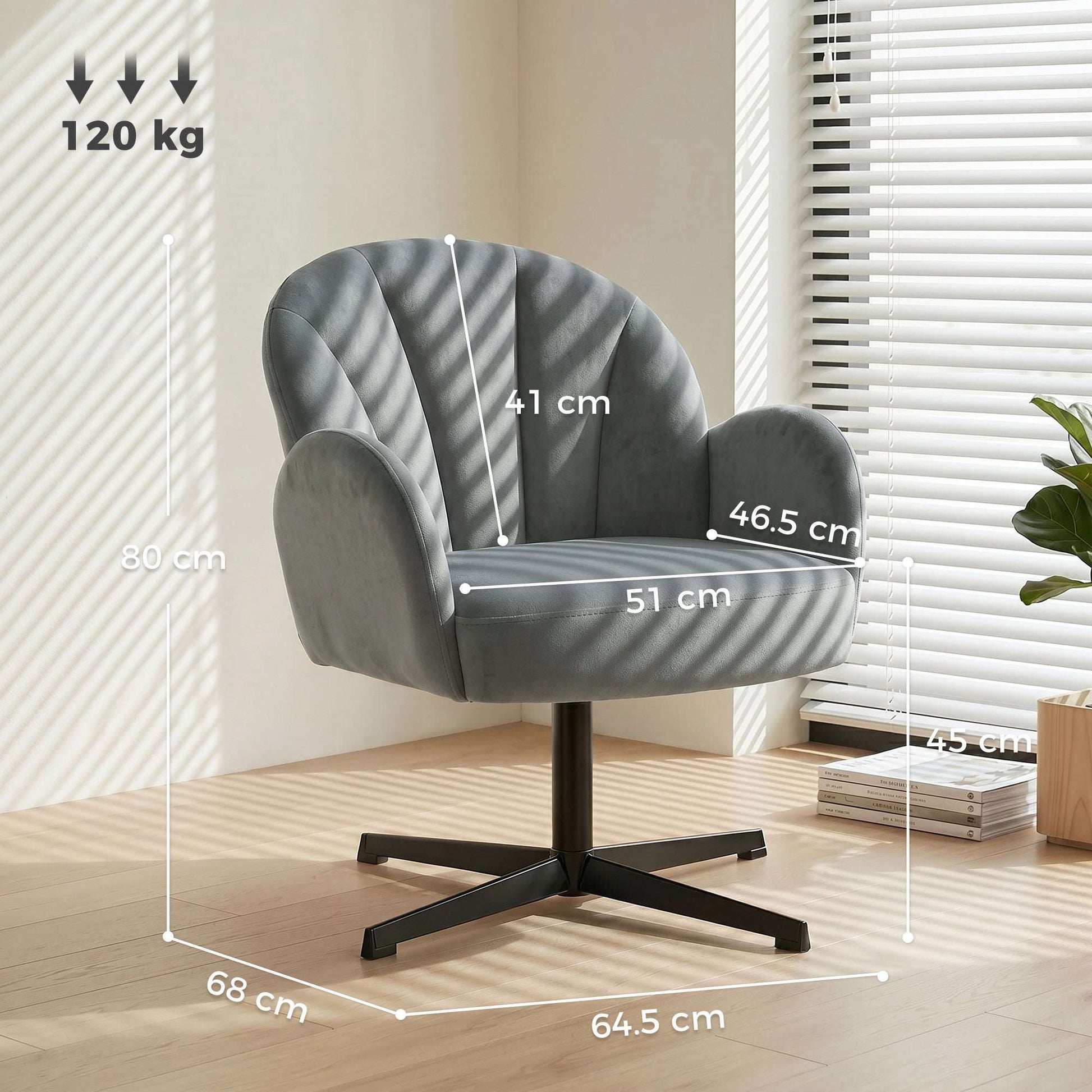 Shell-Shaped Swivel Accent Chair | 360° Swivel | 11cm Spring-Packed Seat | Velvet-Feel Fabric | Metal Base | Plastic Floor Pads | 120kg | 64.5x68x80cm | Grey