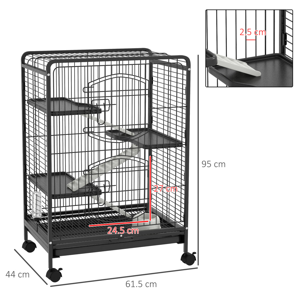 PawHut 4-Level Small Animal Cage | 95cm Tall Black | Metal PP Mesh | 3 Platforms 3 Ramps | Removable Tray | Rolling Lockable Wheels | Food Dish & Water Bottle | Multi-Door Access | 61.5x44x95cm