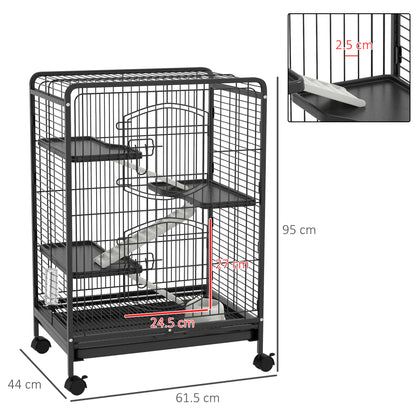 PawHut 4-Level Small Animal Cage | 95cm Tall Black | Metal PP Mesh | 3 Platforms 3 Ramps | Removable Tray | Rolling Lockable Wheels | Food Dish & Water Bottle | Multi-Door Access | 61.5x44x95cm