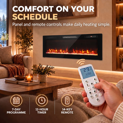 Slim Electric Fireplace | 127cm, 900/1800W | Crystal Effect, 12 Colours & Remote | Wall-Mounted, Recessed or Freestanding | Black
