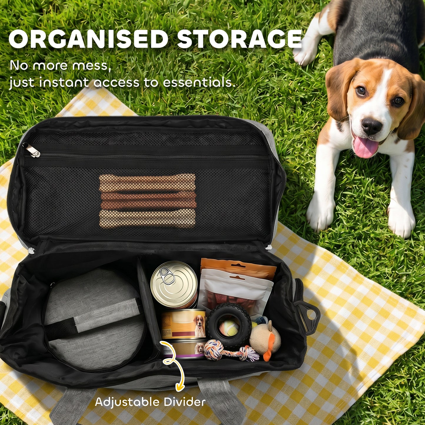 Pet Travel Bag | 2 Insulated Food Containers | Collapsible Bowl | Multiple Pockets | Waterproof 300D Fabric | Adjustable Shoulder Strap | Dogs & Cats | 38 x 17 x 35cm | Light Grey