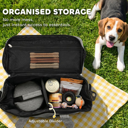 Pet Travel Bag | 2 Insulated Food Containers | Collapsible Bowl | Multiple Pockets | Waterproof 300D Fabric | Adjustable Shoulder Strap | Dogs & Cats | 38 x 17 x 35cm | Light Grey