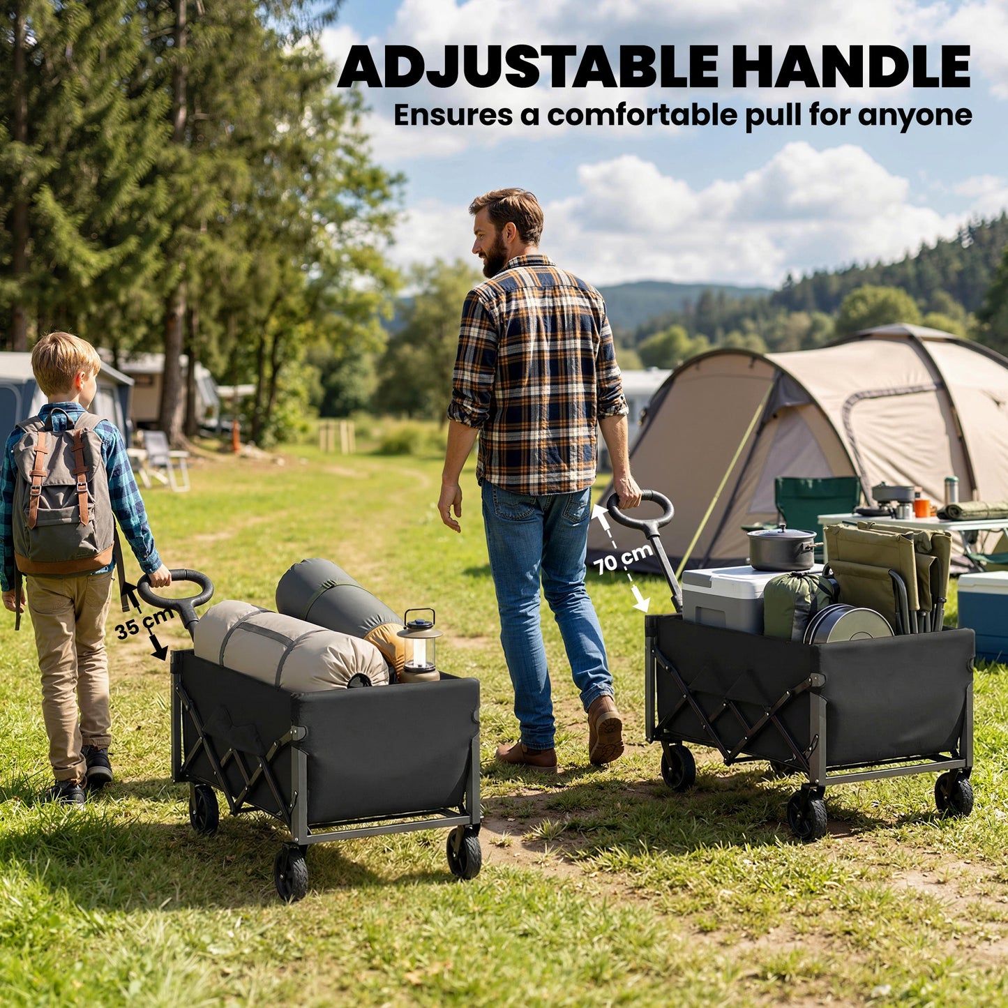 80L Foldable Festival Camping Trolley | Drop-Down Tailgate | Adjustable Handle | 2 Cup Holders | Storage Bags | Quick Release Wheels | 150kg | Black