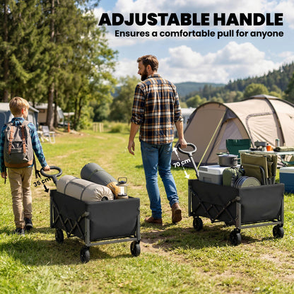 80L Foldable Festival Camping Trolley | Drop-Down Tailgate | Adjustable Handle | 2 Cup Holders | Storage Bags | Quick Release Wheels | 150kg | Black