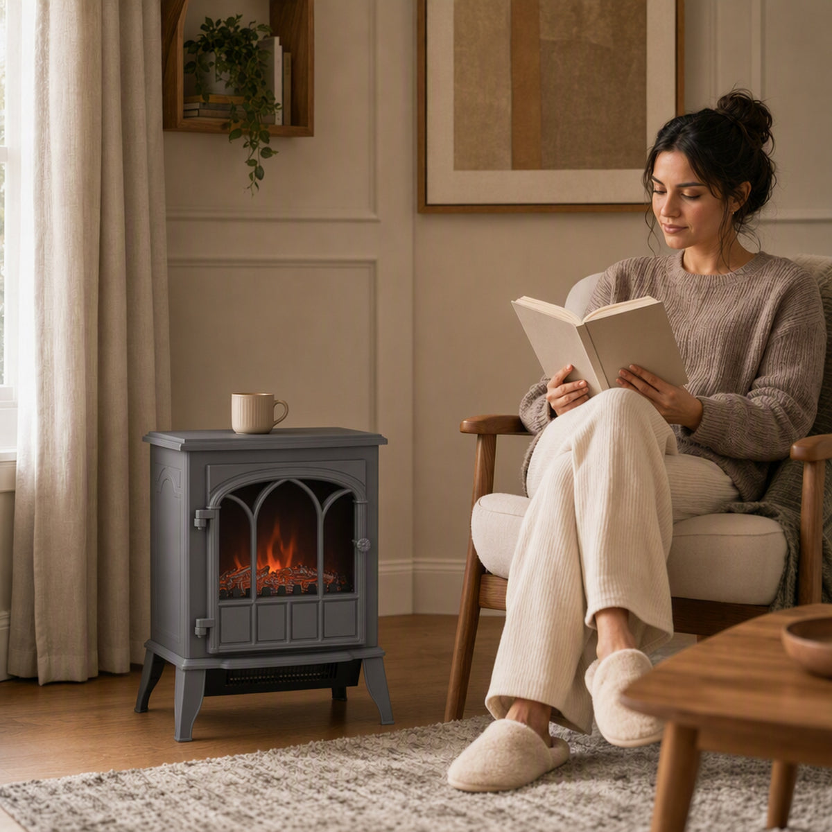 Freestanding Electric Fireplace Log Burner | 1000W/2000W Dual Heat | Stepless LED Flame Effect | Stepless Thermostat | Forced-Air Fan | Thermal Cut-Off | ERP Compliant | 39x23x56.5cm | Grey
