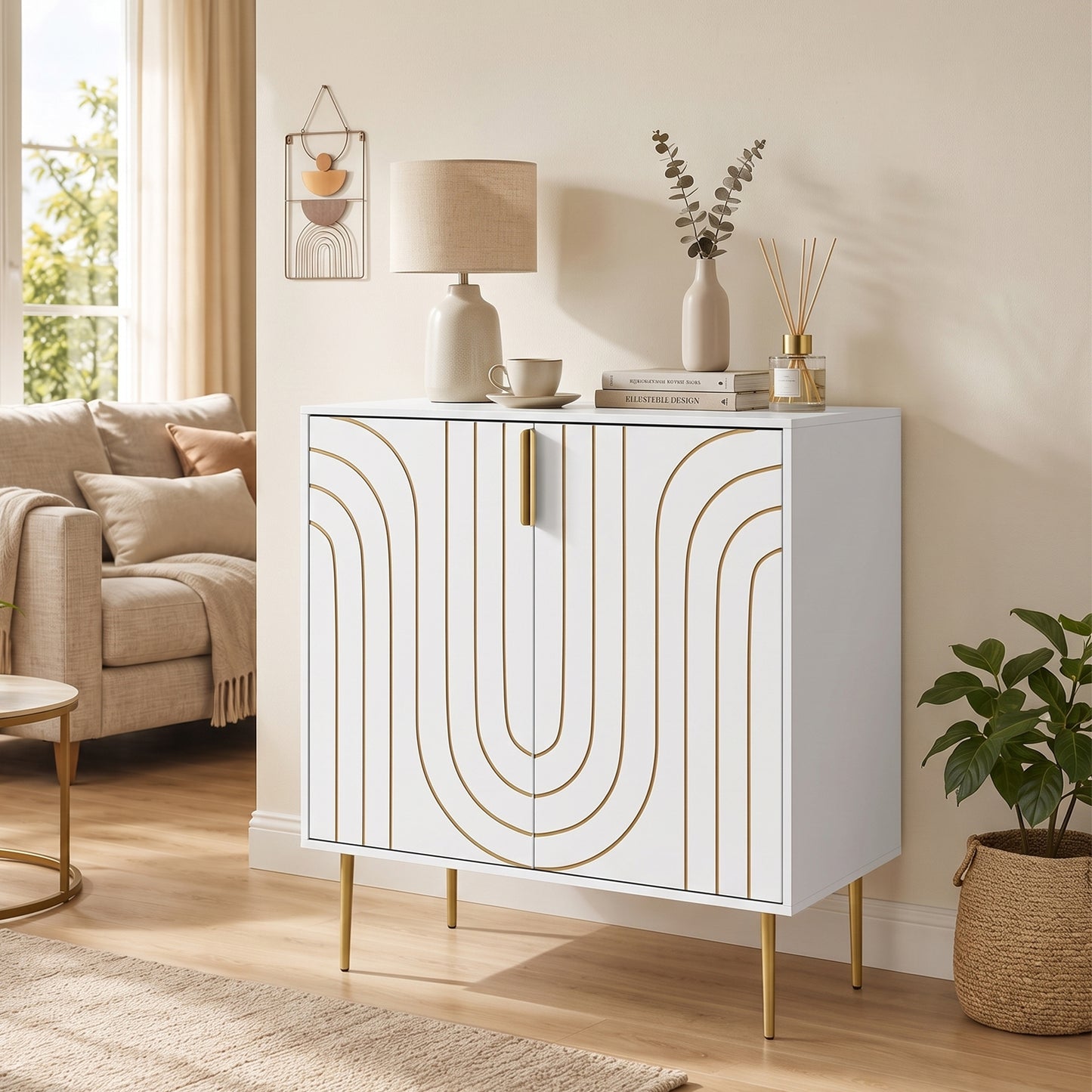 Modern Sideboard Storage Cabinet | Geometric Carved Doors | Adjustable Shelf | Copper-Tone Legs & Handles | Anti-Tip | 50kg | 78x40x88cm | White