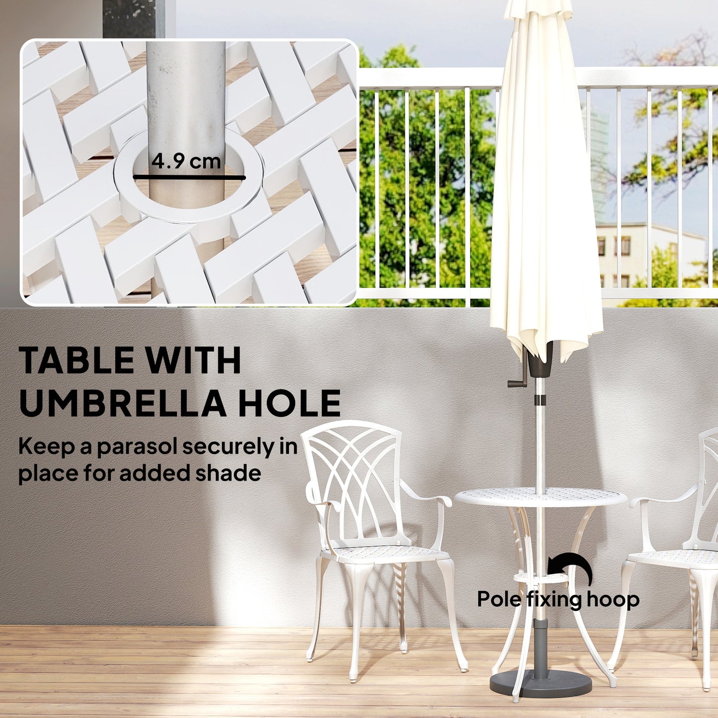 3 Piece Cast Aluminium Garden Bistro Set | Round Table Dia 61cm | Parasol Hole | 2 Chairs | Cut-Out Back Design | Adjustable Feet | 120kg | White