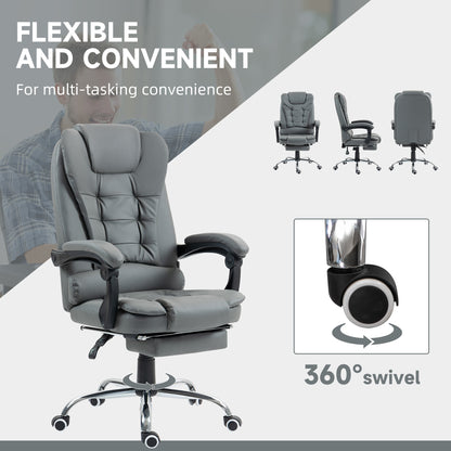 Executive Office Chair, PU Leather Home Office Chair with Swivel Wheels, Reclining Backrest, Retractable Footrest, Grey