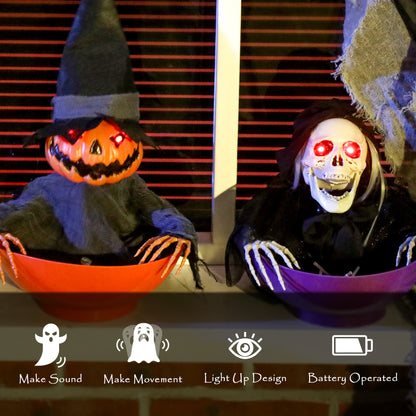 2 Pieces Animated Halloween Skull Bowl, Skeleton Ghost Skull Candy Dish with LED Eyes, Moving Body and Creepy Sound for Party Decoration, Festival Haunted Houses