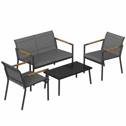 4-Piece Garden Furniture Set | Loveseat, 2 Armchairs & Table | Breathable Mesh | Grey