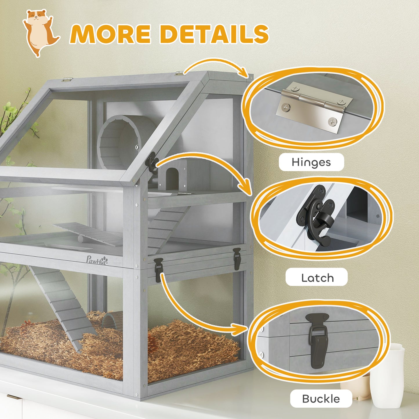 PawHut Wooden Hamster Cage with Detachable 32cm Deep Bottom, Hut, Seesaw, Exercise Wheel, Ramp, 60 x 40 x 75cm, Light Grey