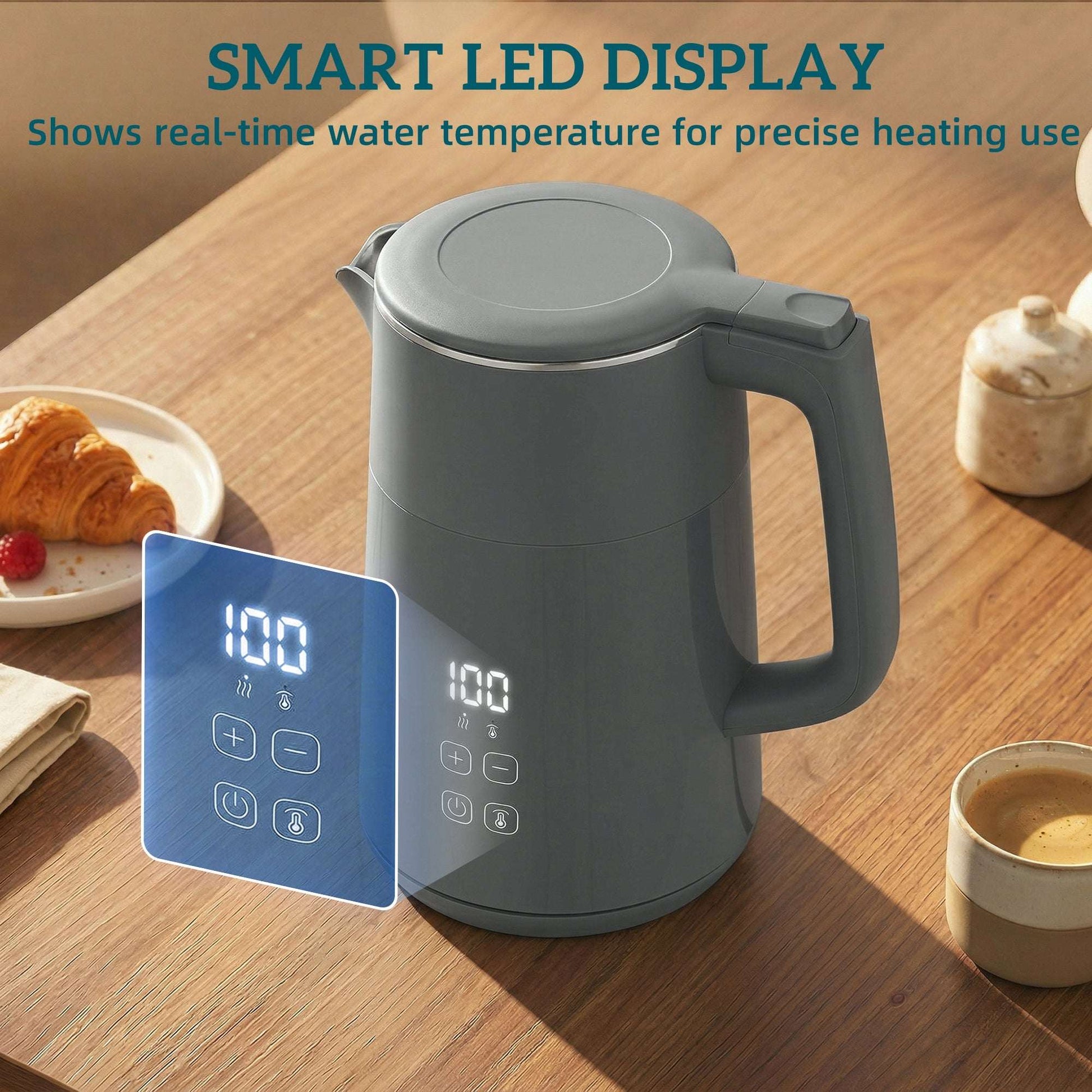 1.7L Electric Kettle | 3000W | 7 Temperature Settings 40-100°C | 2hr Keep-Warm | 304 Stainless Steel PTFE-Free | Boil-Dry Protection | Auto Shut-Off | 360° Swivel Base | Grey