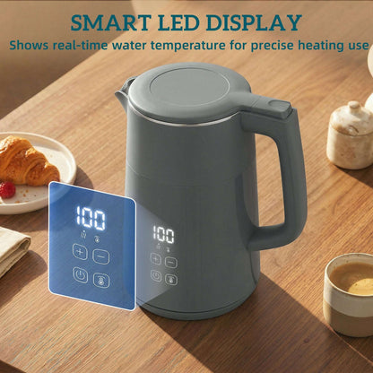 1.7L Electric Kettle | 3000W | 7 Temperature Settings 40-100°C | 2hr Keep-Warm | 304 Stainless Steel PTFE-Free | Boil-Dry Protection | Auto Shut-Off | 360° Swivel Base | Grey
