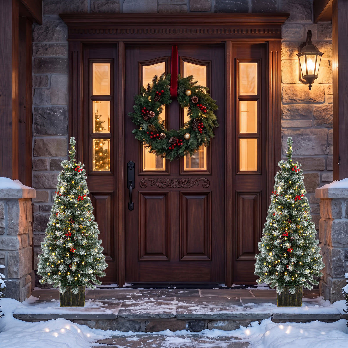 Set of 2 Slim Pre-Lit Christmas Trees | Green Frosted Tips | 120cm 4ft Pencil | 100 LEDs Warm White Multicolour | 11 Modes Remote | 140 Tips Pine Cones Berries | Battery Operated | Pot Base
