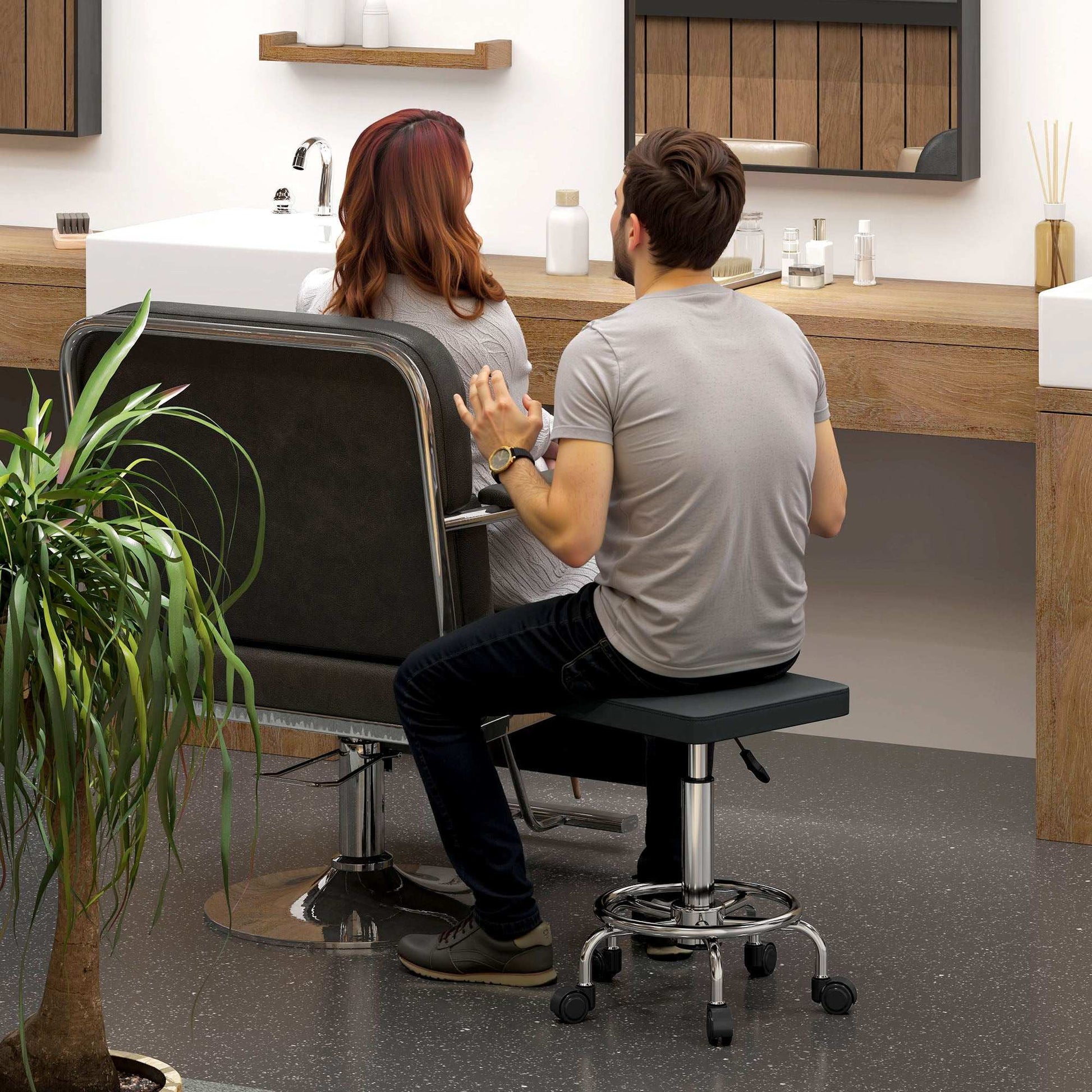 Adjustable PU Leather Rolling Stool - Black
