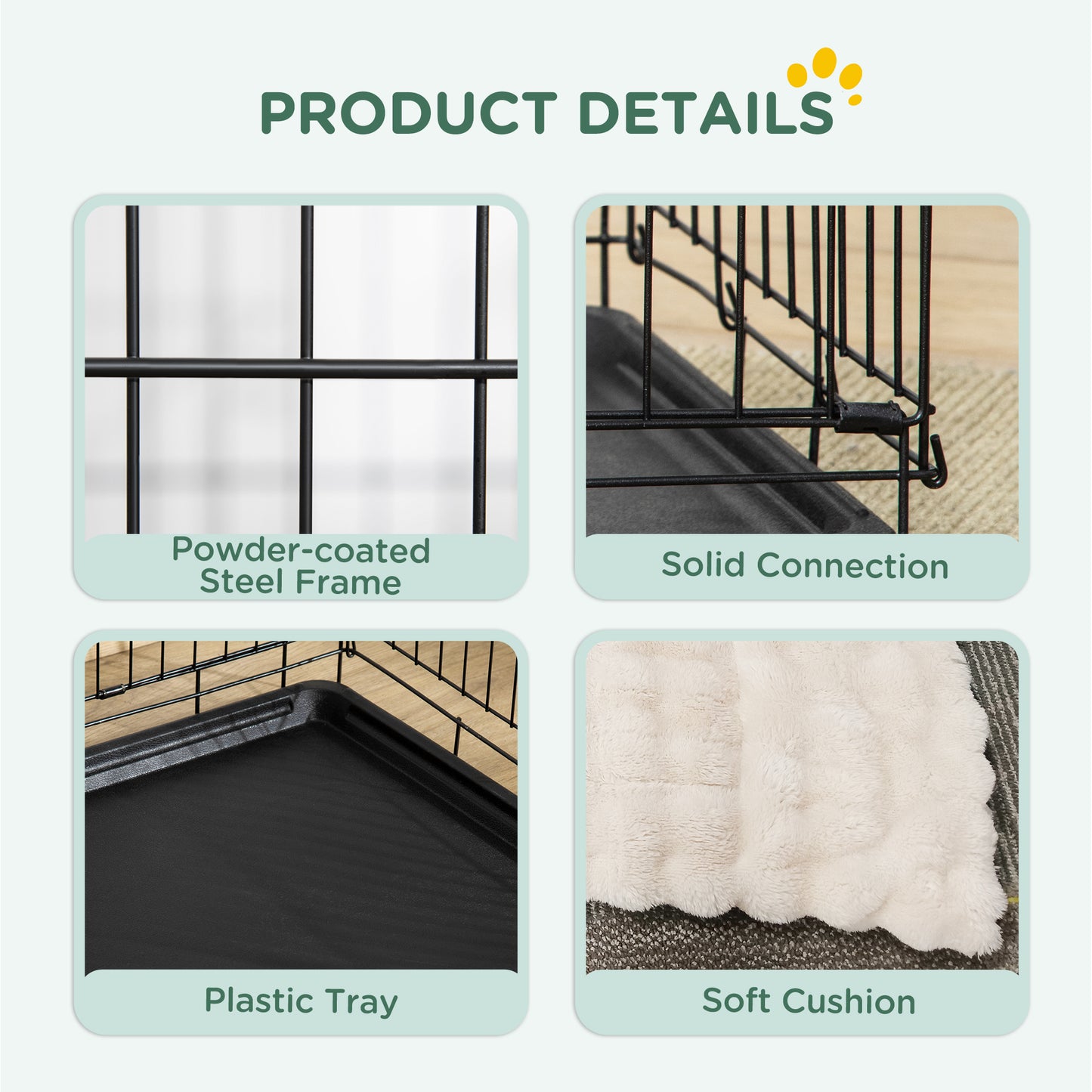 Foldable Dog Crate S | 2 Doors | Soft Washable Cushion | Removable ABS Tray | Small Dogs up to 10kg | 76 x 53 x 60cm | Black
