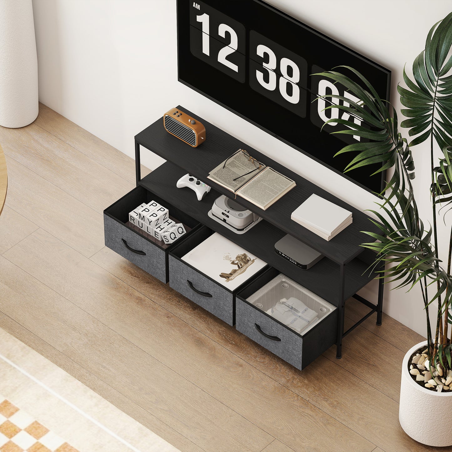 TV Stand Cabinet with 3 Foldable Drawers - Black