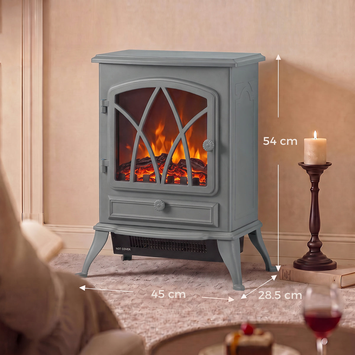 Electric Fireplace Stove | Grey Freestanding 2000W Heater with Adjustable LED Flame & Thermostat