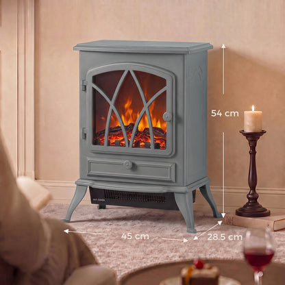 Electric Fireplace Stove | Grey Freestanding 2000W Heater with Adjustable LED Flame & Thermostat