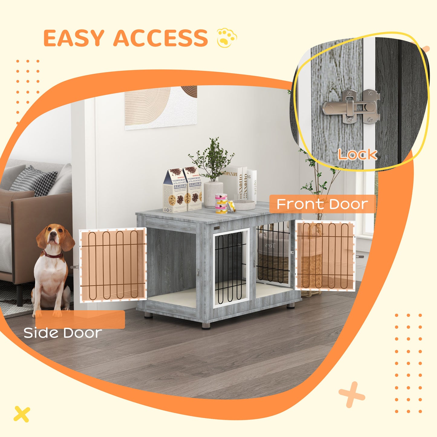 PawHut Dog Crate Furniture Side Table | Washable Cushion | Double Doors | Medium & Large Dogs up to 25kg | 90 x 58 x 65cm | Grey