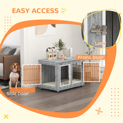 PawHut Dog Crate Furniture Side Table | Washable Cushion | Double Doors | Medium & Large Dogs up to 25kg | 90 x 58 x 65cm | Grey