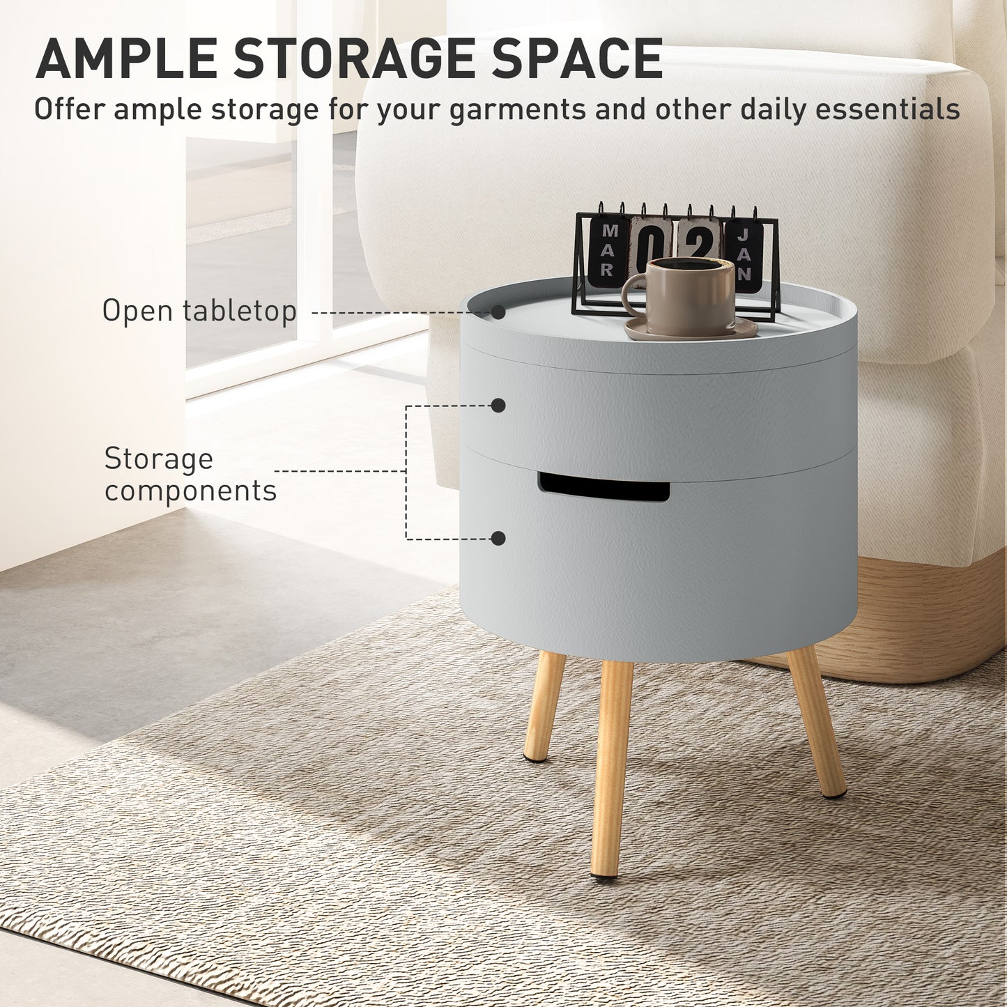 3-Tier Coffee Table, Round End Table with 2 Hidden Compartments and Detachable Tray, with Storage for Living Room, Grey