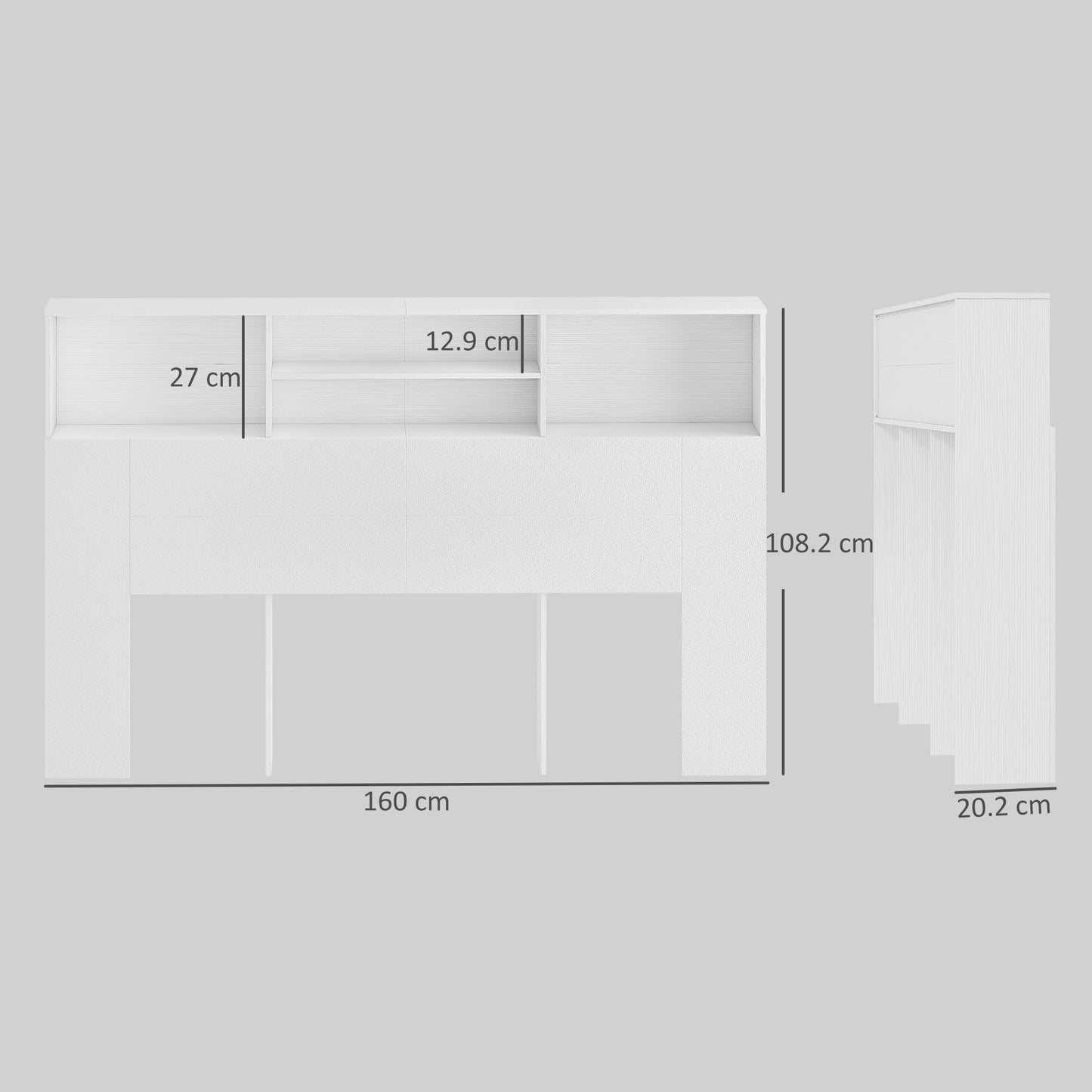 King Size Headboard with Storage | 4 Open Compartments | Freestanding | Scratch-Resistant Melamine | Anti-Tip Kit | White | 160cm
