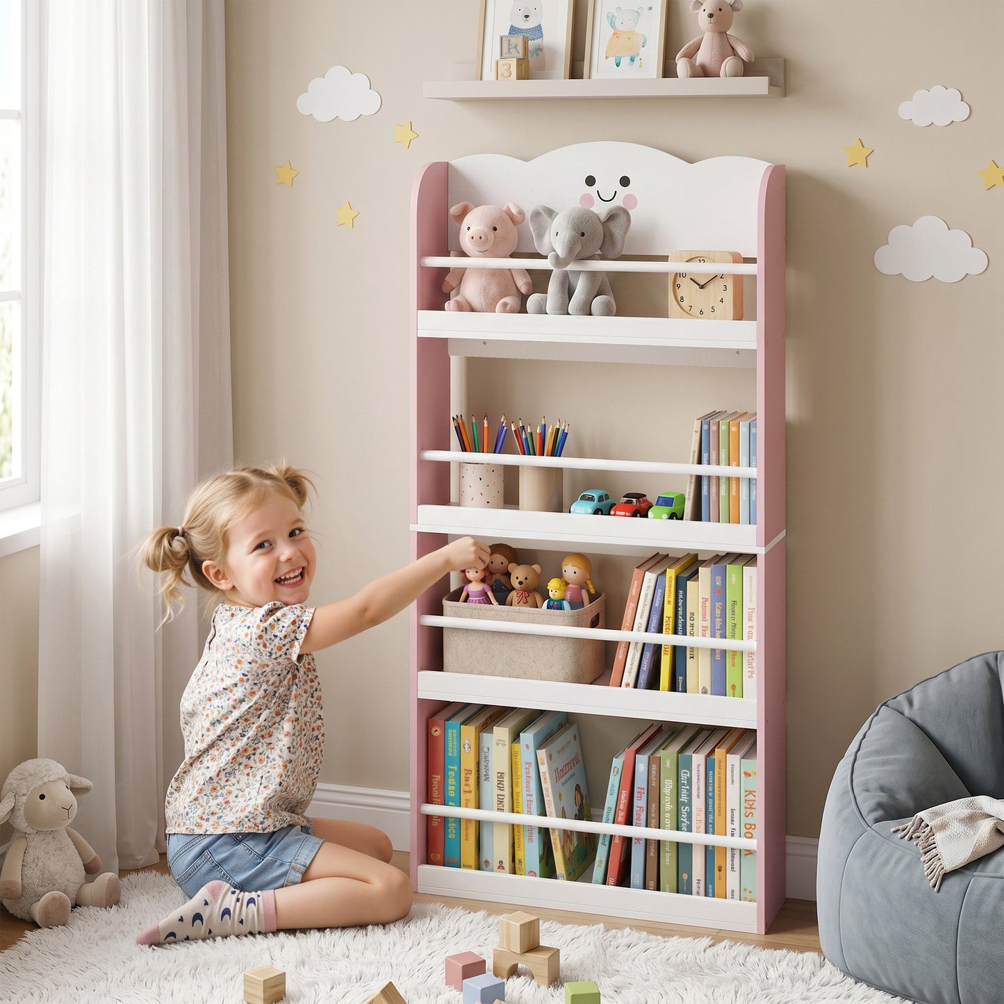 4-Tier Kids Wall-Mounted Bookshelf | Cotton Candy Theme | MDF & Pine | Anti-Tip | 3+ Years | Pink & White
