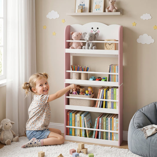 4-Tier Kids Wall-Mounted Bookshelf | Cotton Candy Theme | MDF & Pine | Anti-Tip | 3+ Years | Pink & White