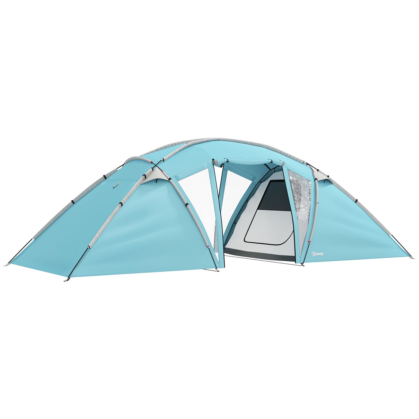4-6 Man Family Camping Tent w/ 2 Bedrooms and a Living Room, Waterproof Tunnel Tent w/ Sewn In Groundsheet, Doors, Windows, Bag